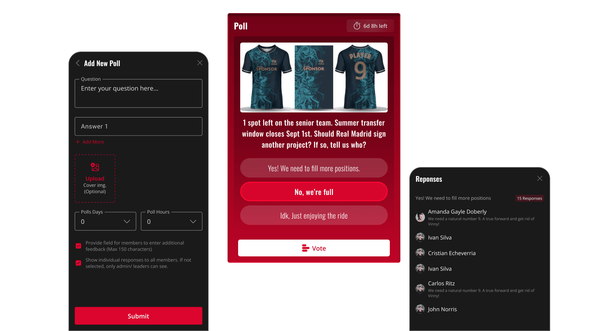 Fan engagement platform dashboard with football polls, vote button, response list, and match-day interaction features