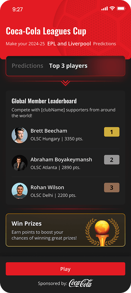 Football fan engagement app with predictions leaderboard, rewards, and supporter competition features