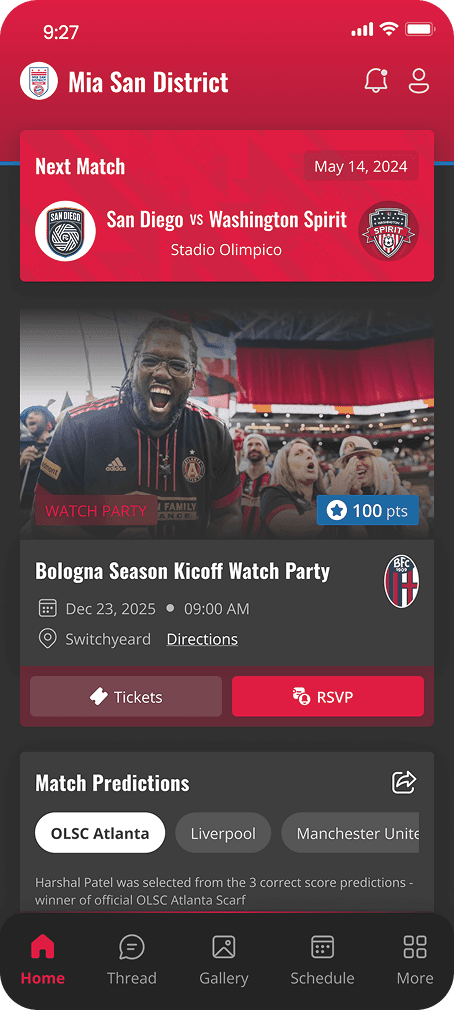 Football fan engagement app with match schedules, event RSVPs, predictions, and supporter activities