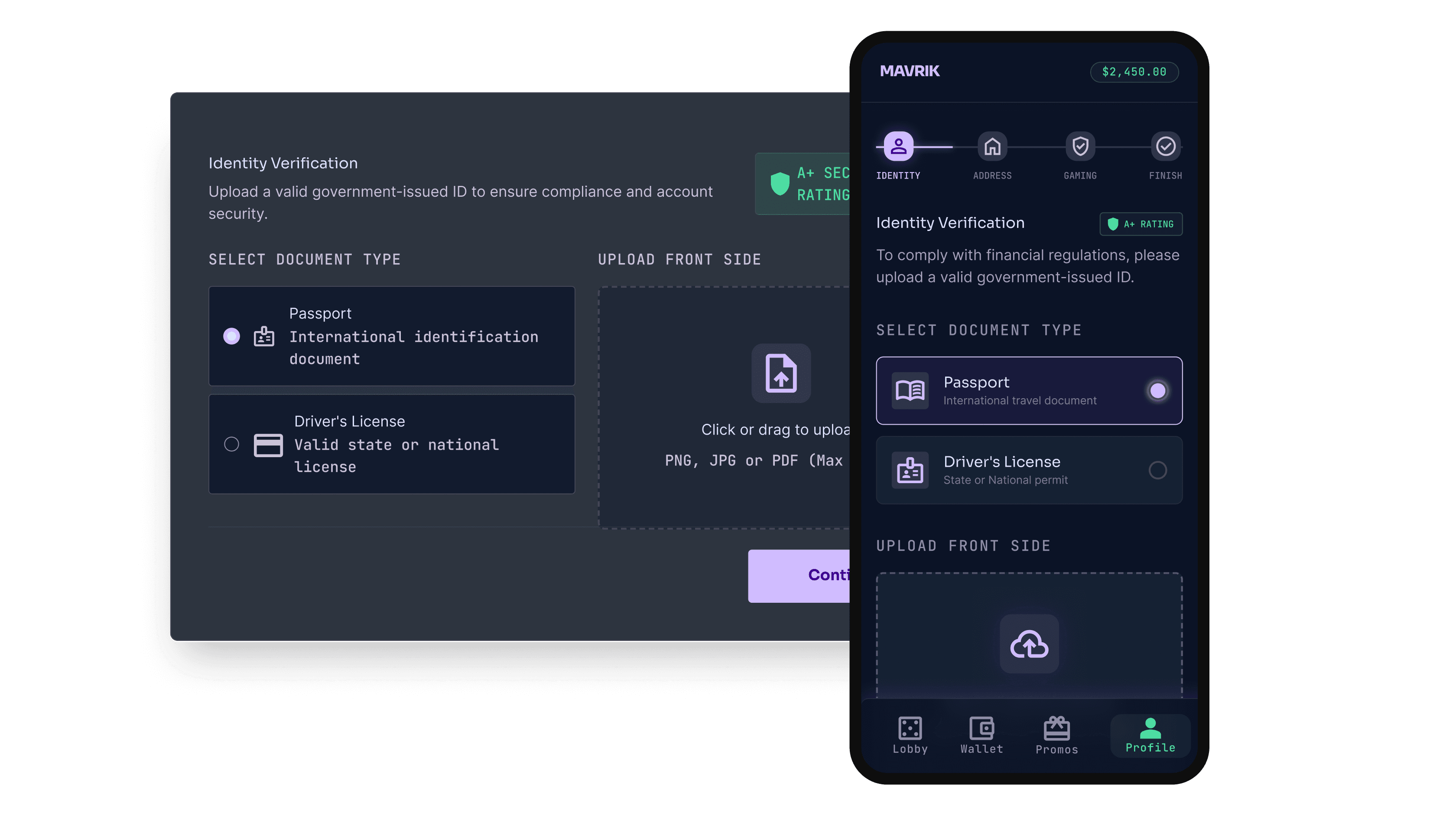iGaming KYC onboarding UI with Veriff document verification and secure upload process