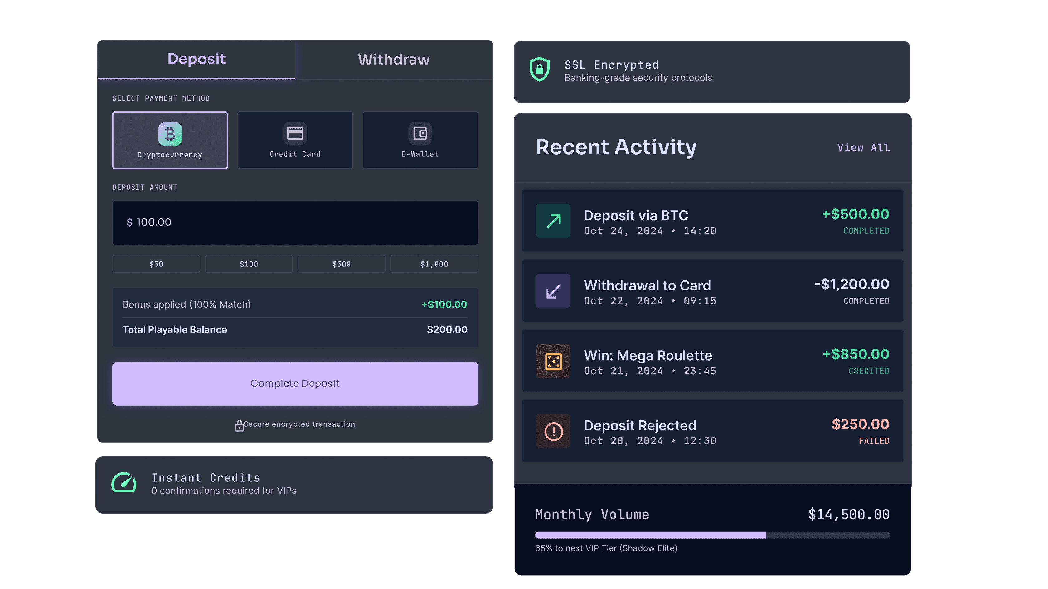 iGaming payment integration dashboard with secure deposits, withdrawals, and recent activity panel