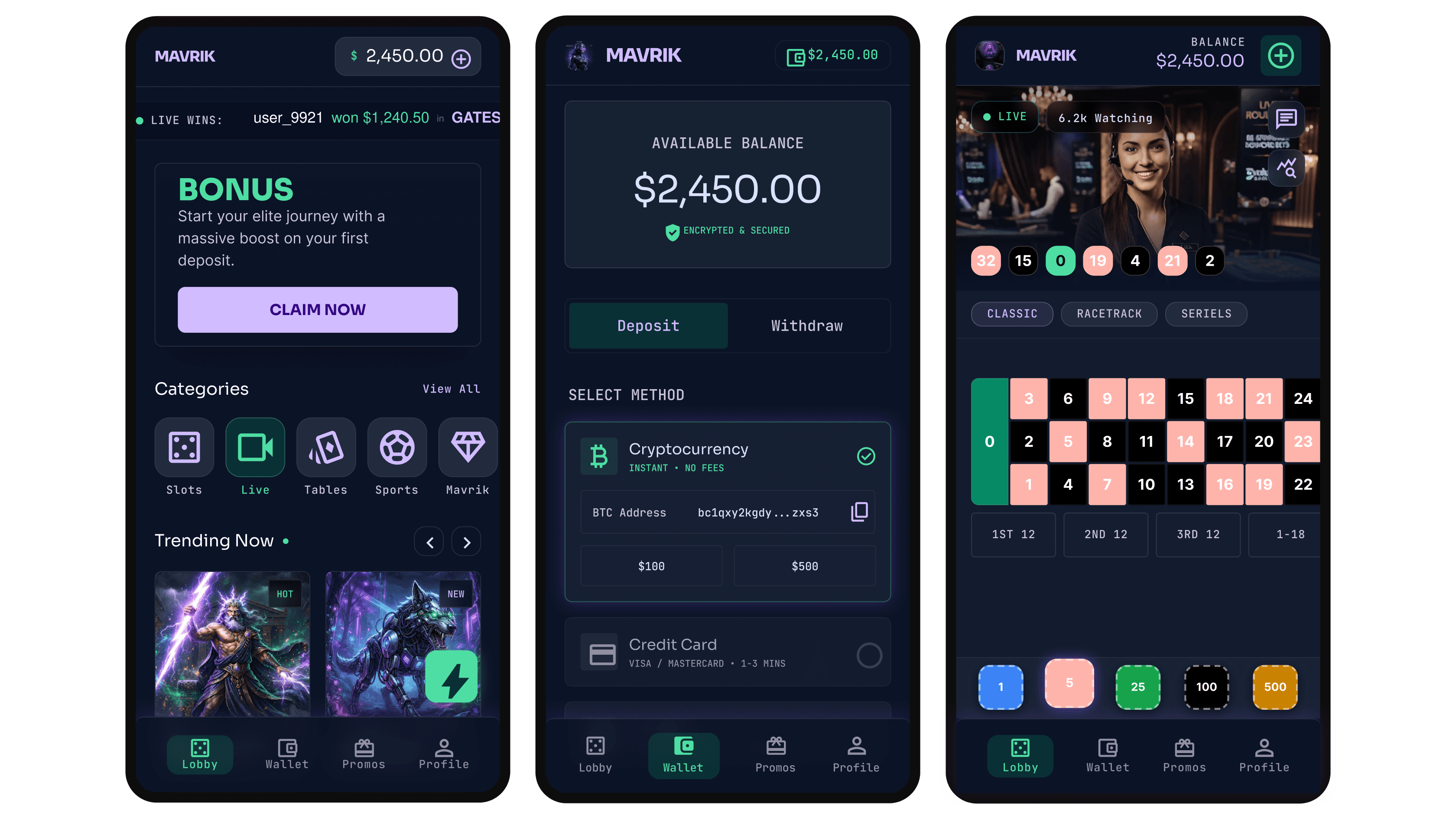 Deployment and QA slide for igaming casino web app lobby, wallet, and live roulette mobile screens