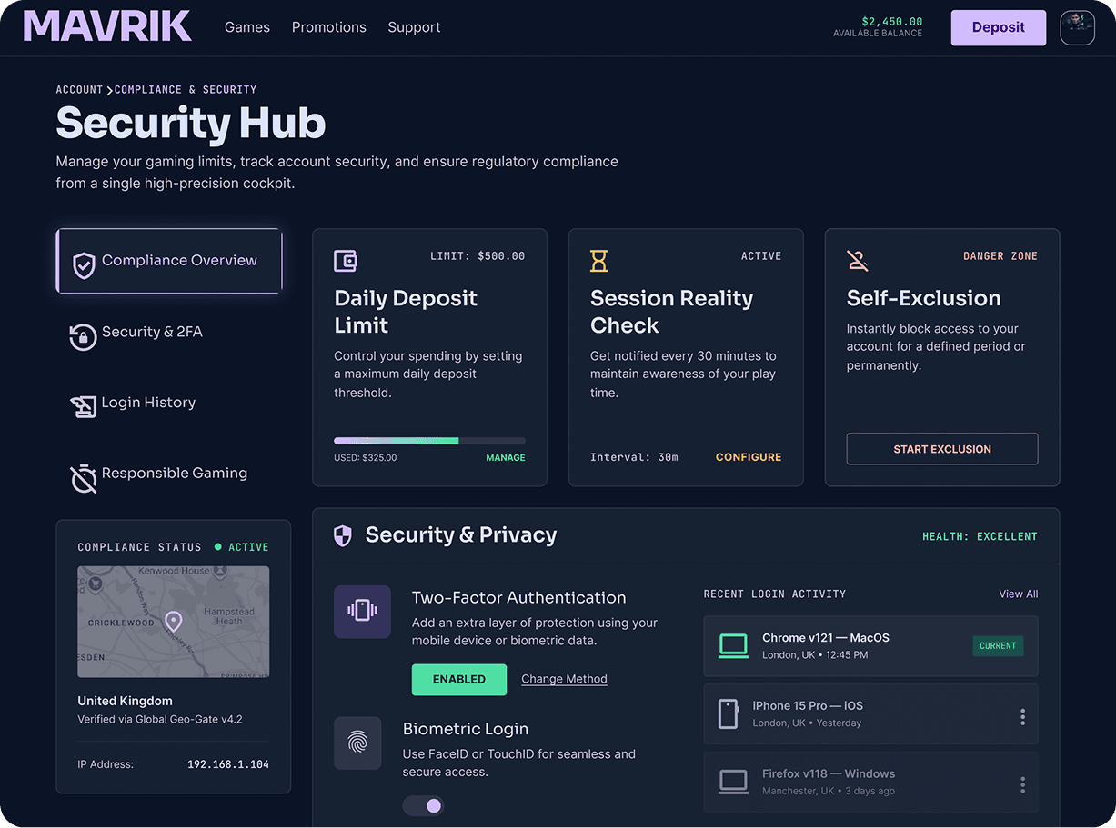 Responsible gaming security dashboard for igaming casino web application