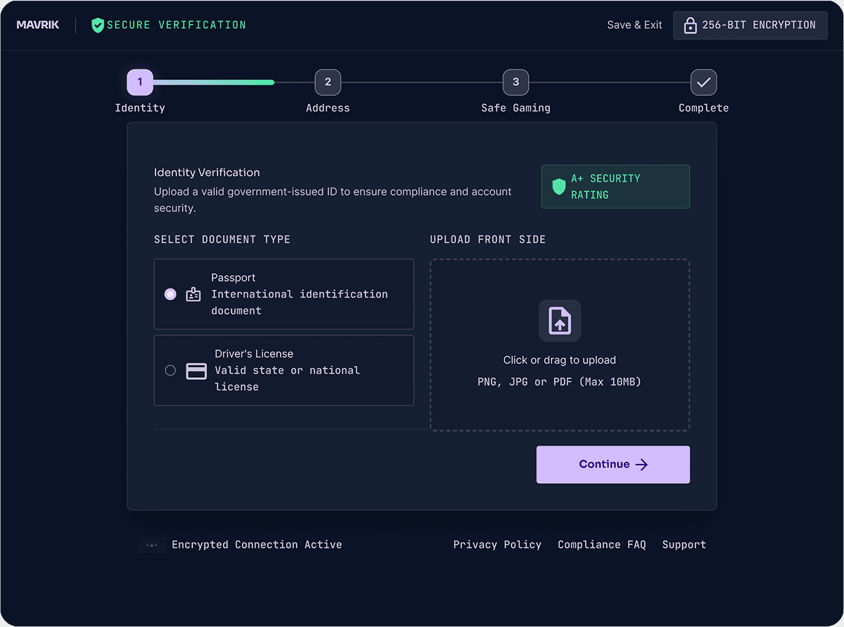 iGaming KYC verification UI with passport, driver license, and secure document upload flow