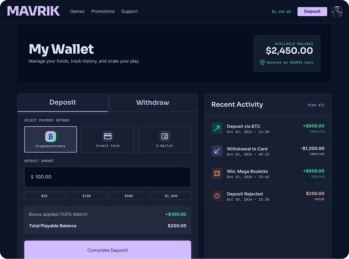 Online casino wallet dashboard with crypto deposit flow, payable balance, and account activity
