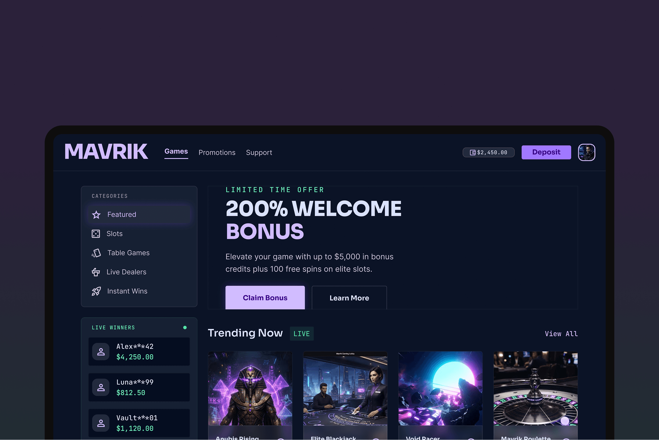 iGaming casino web platform UI with bonus banner, game categories, wallet balance, and live winners