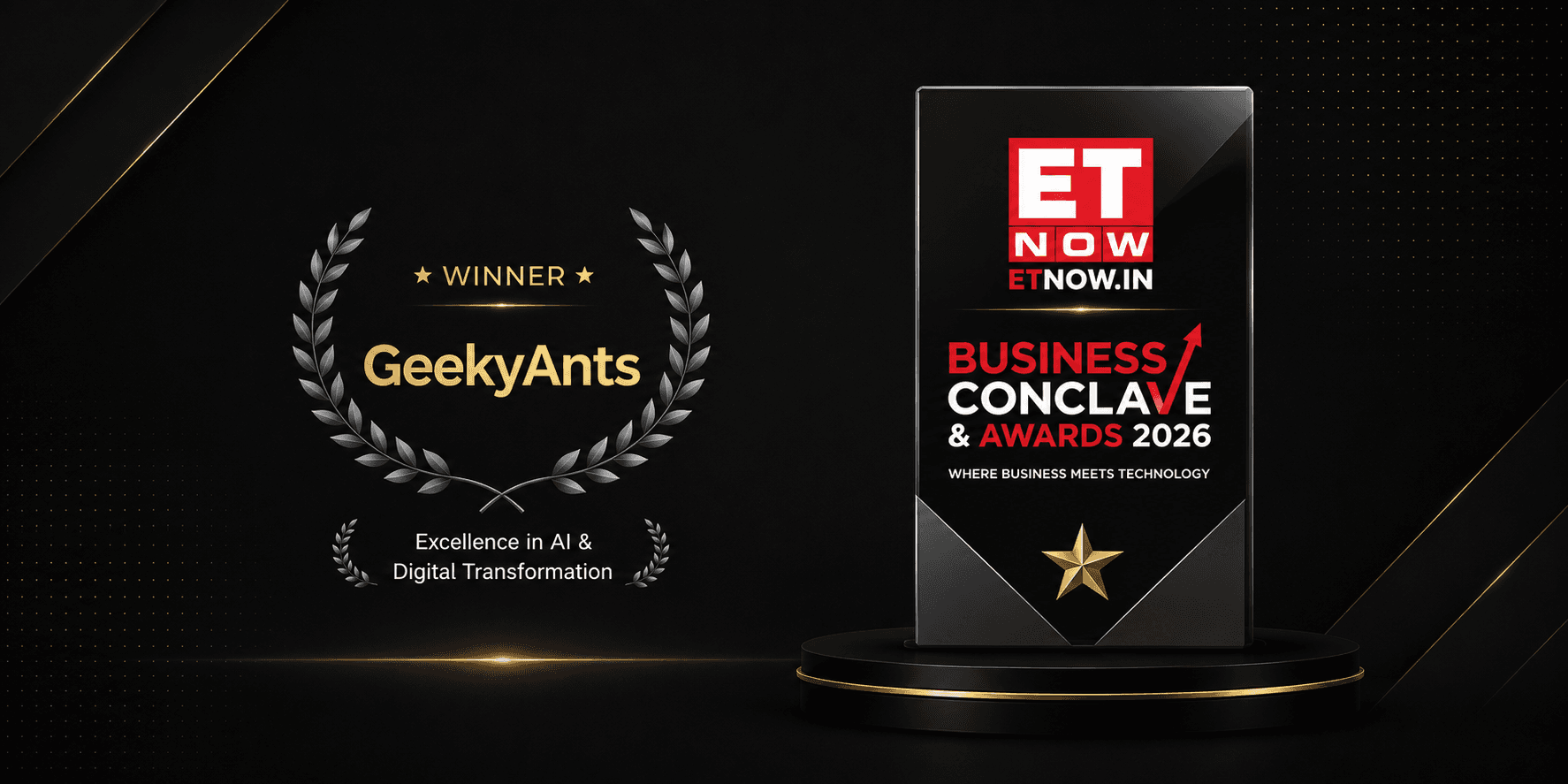 GeekyAnts receiving the Excellence in AI & Digital Transformation award at the ET Now Business Conclave & Awards 2026