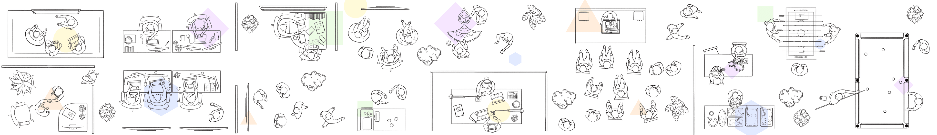 A top-down line drawing of the GeekyAnts office