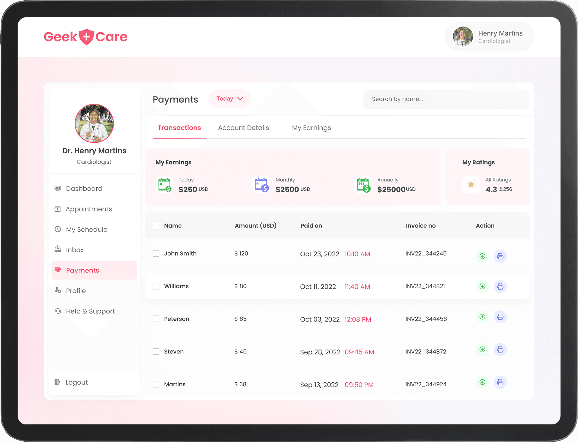 Payments screen of healthcare app