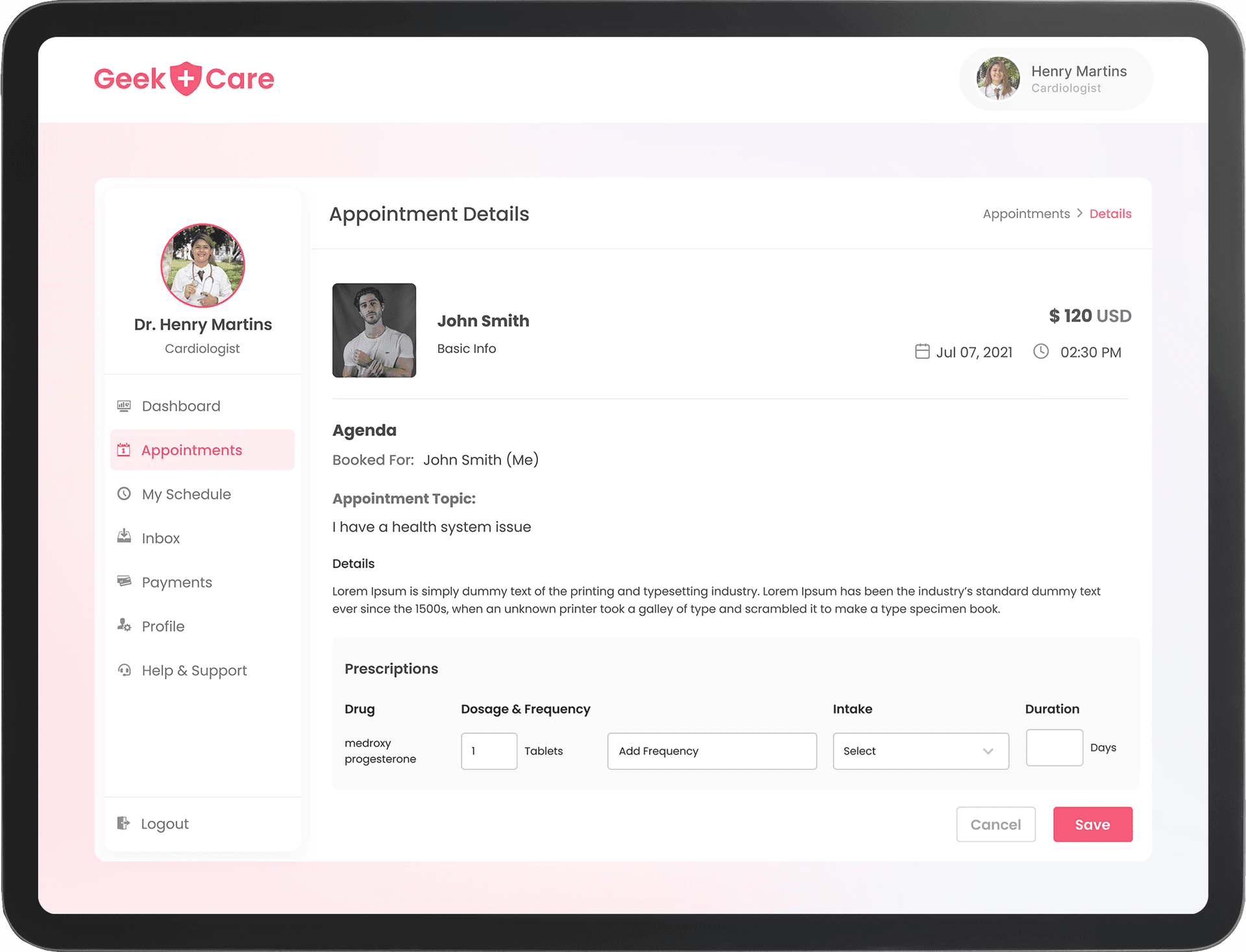 Appointments screen of telemedicine app