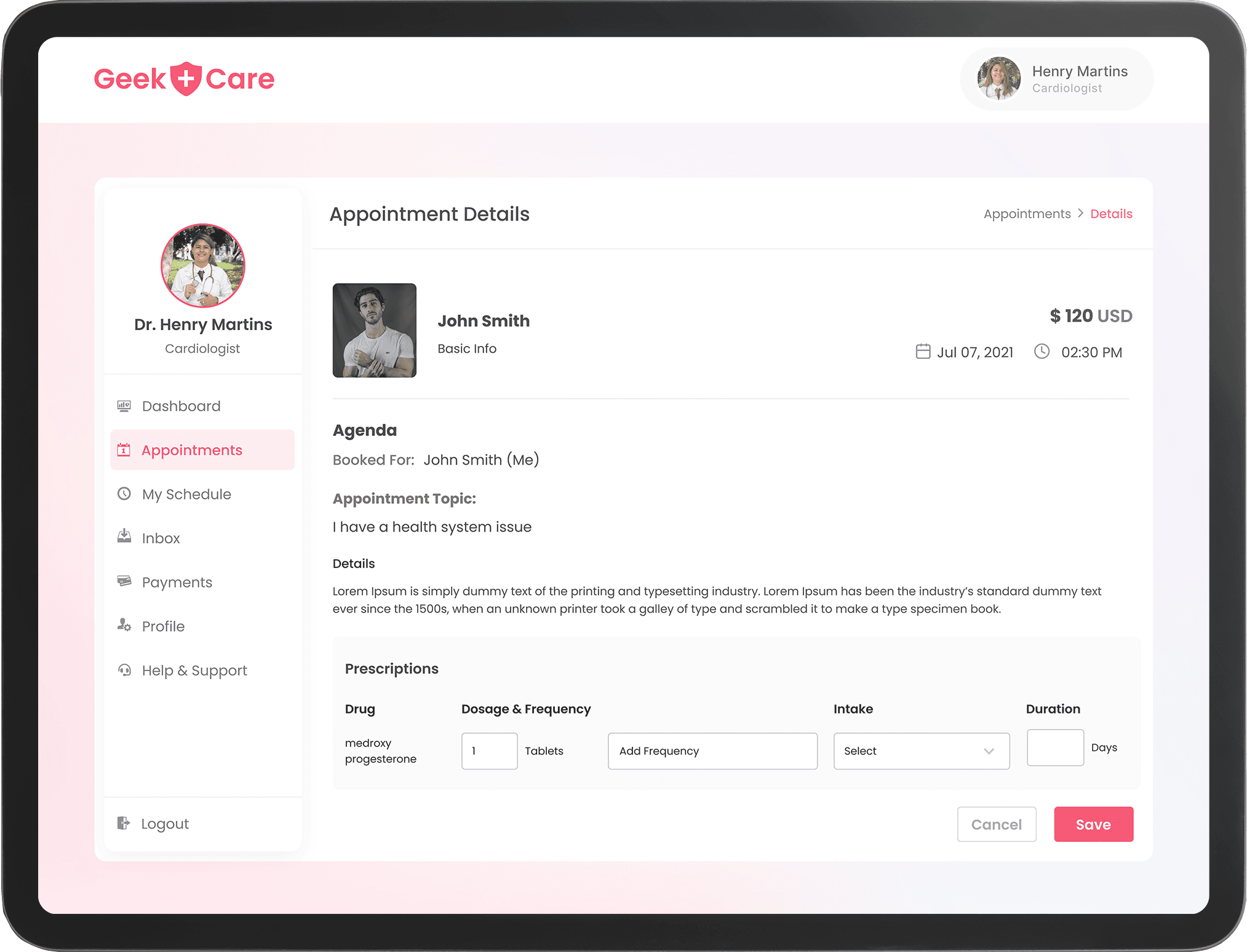 Appointments screen of telemedicine app