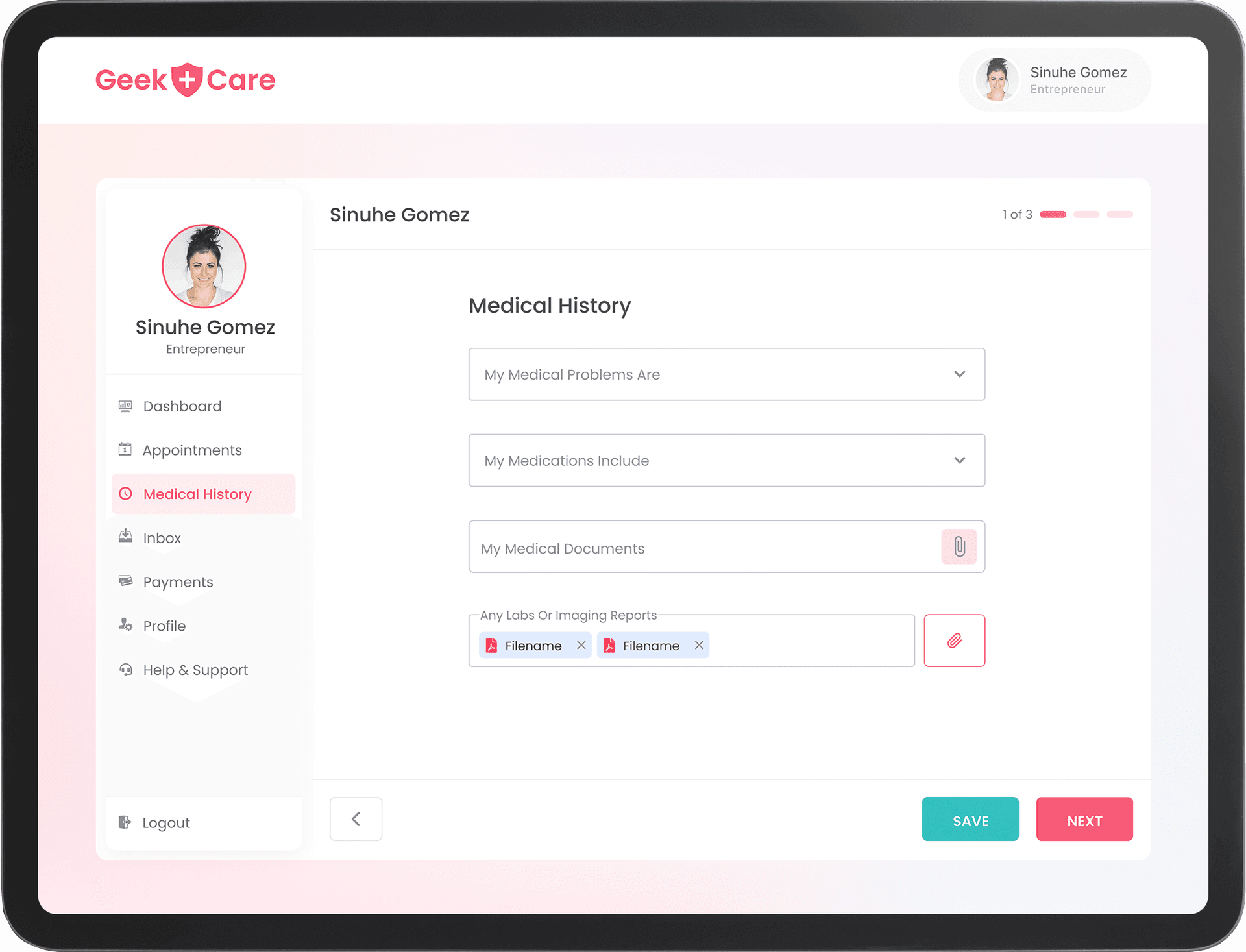 Medical history screen design