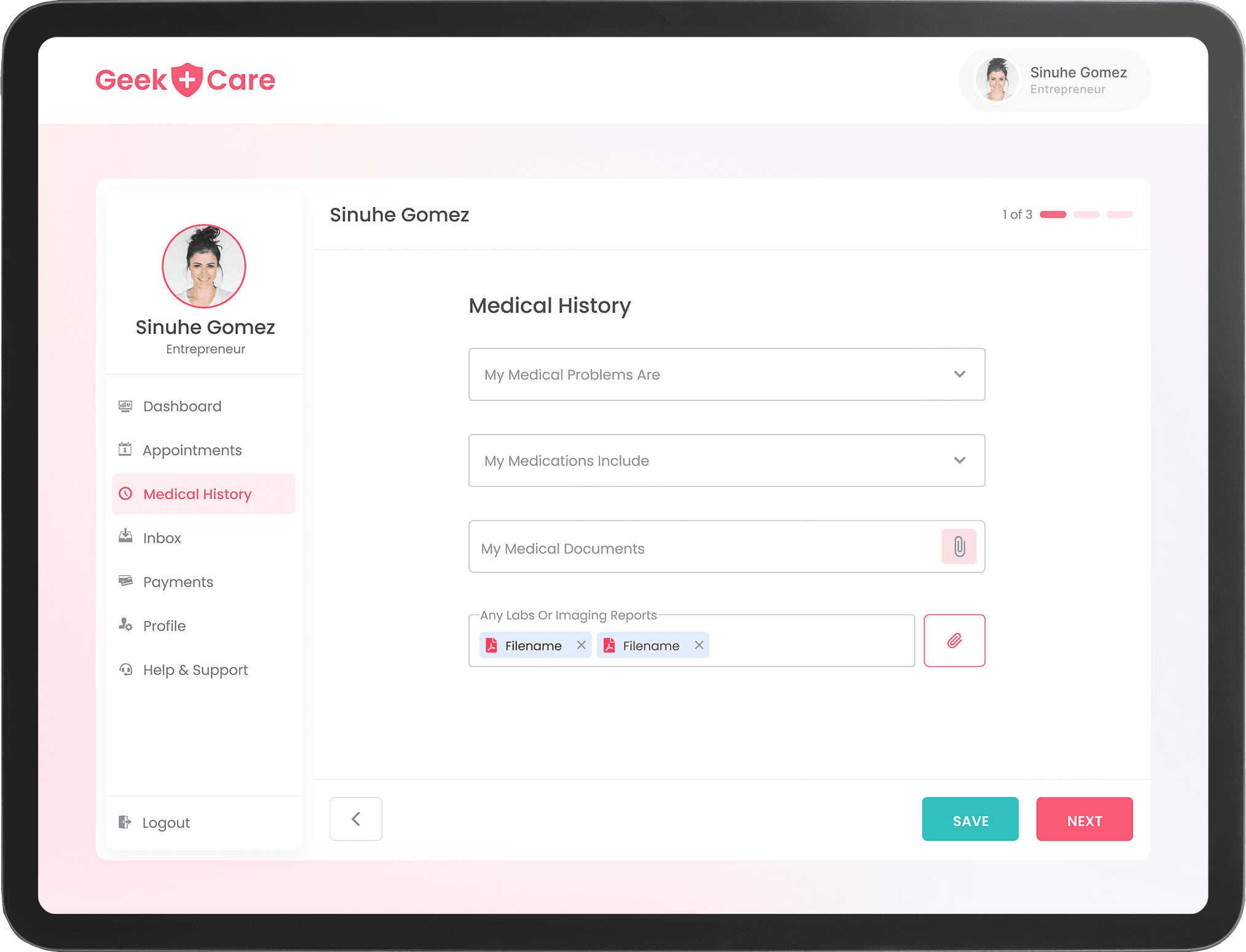 Medical history screen design