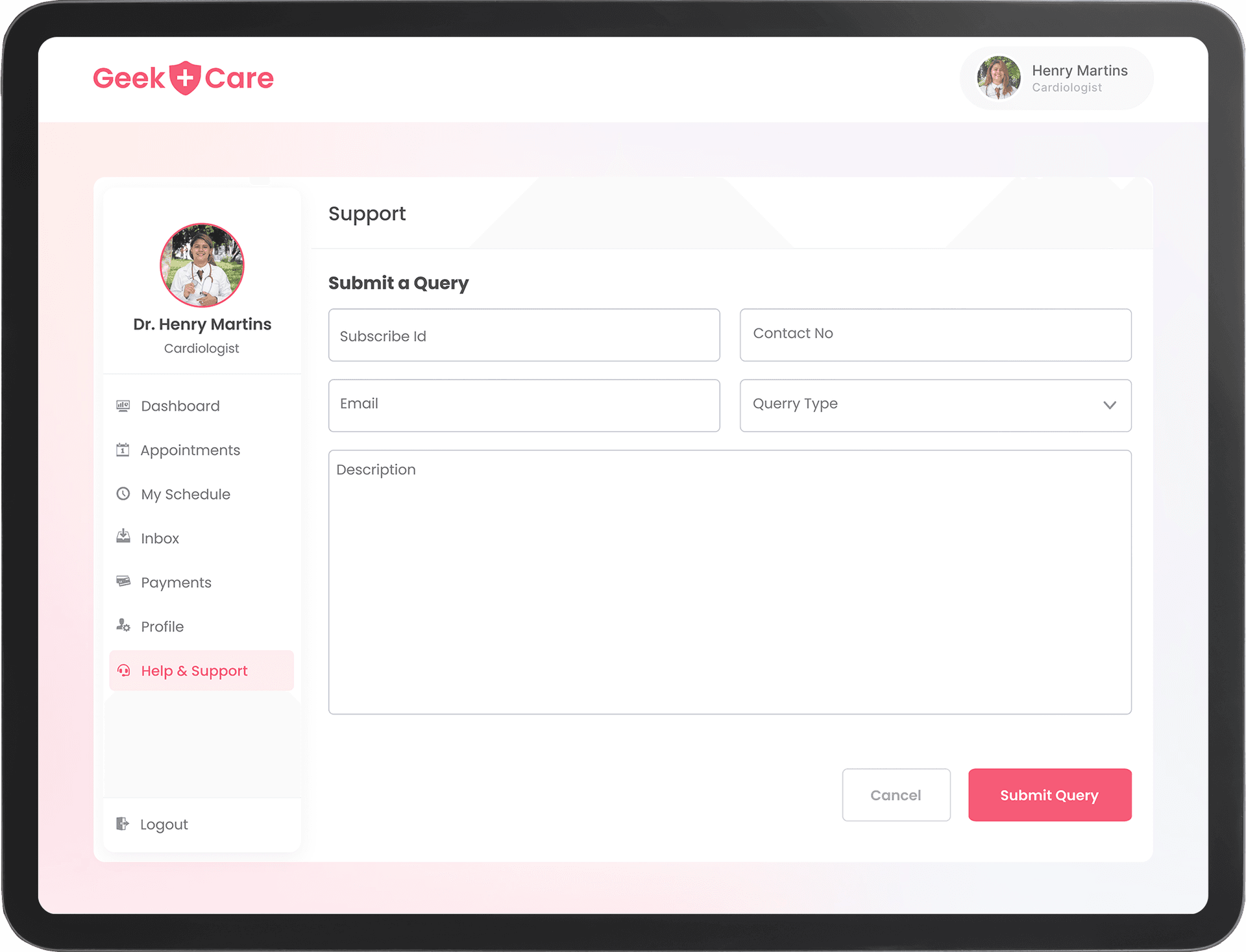 Support page of telemedicine app