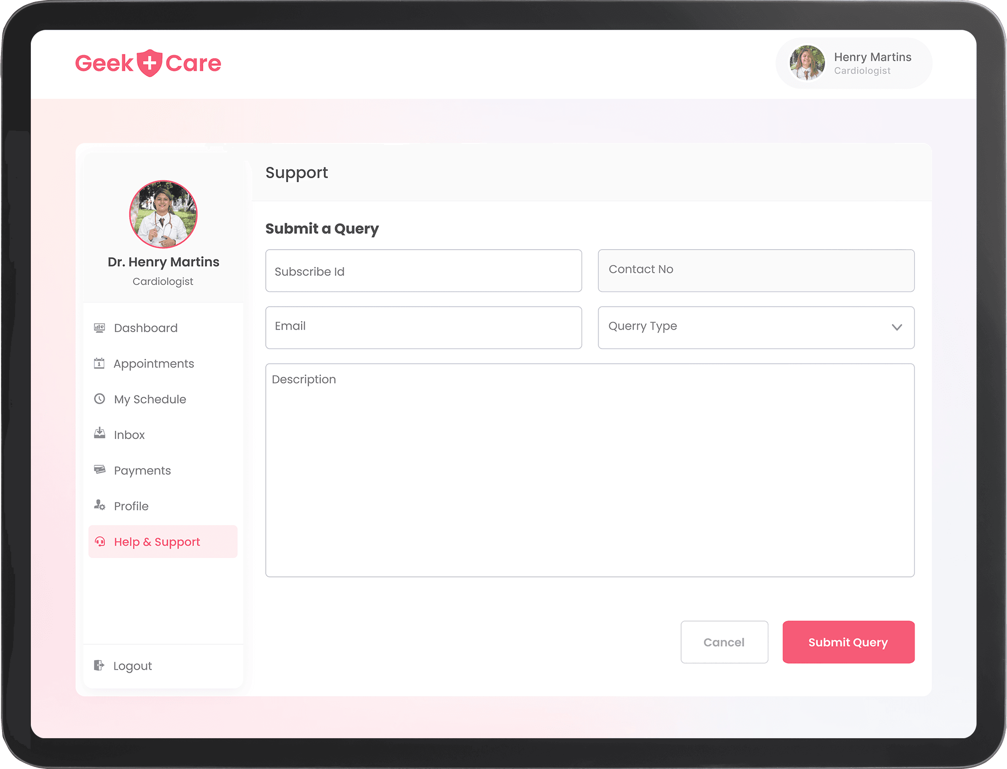 Support page of telemedicine app