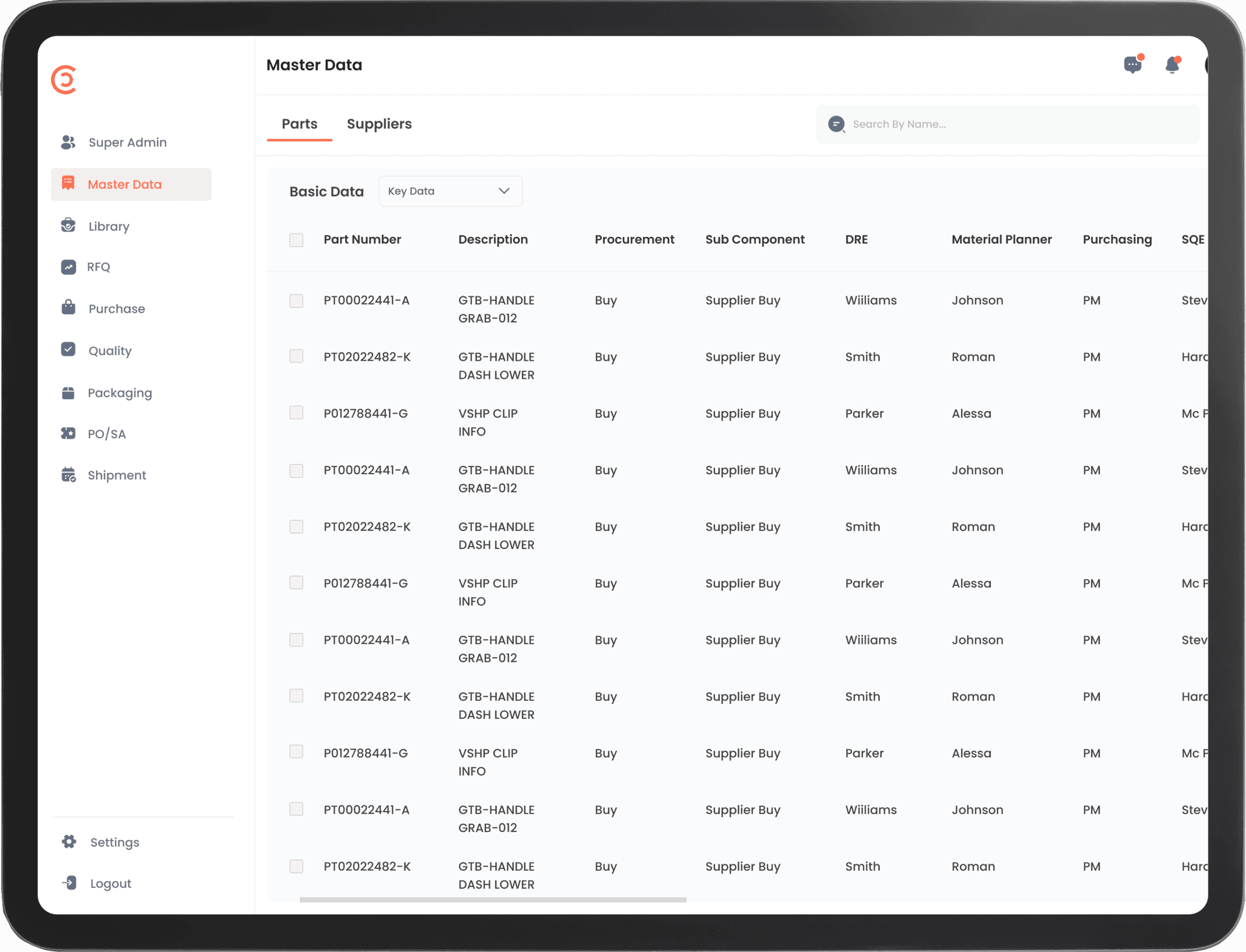 Master Data Screen - Customizable Supply Chain Management App