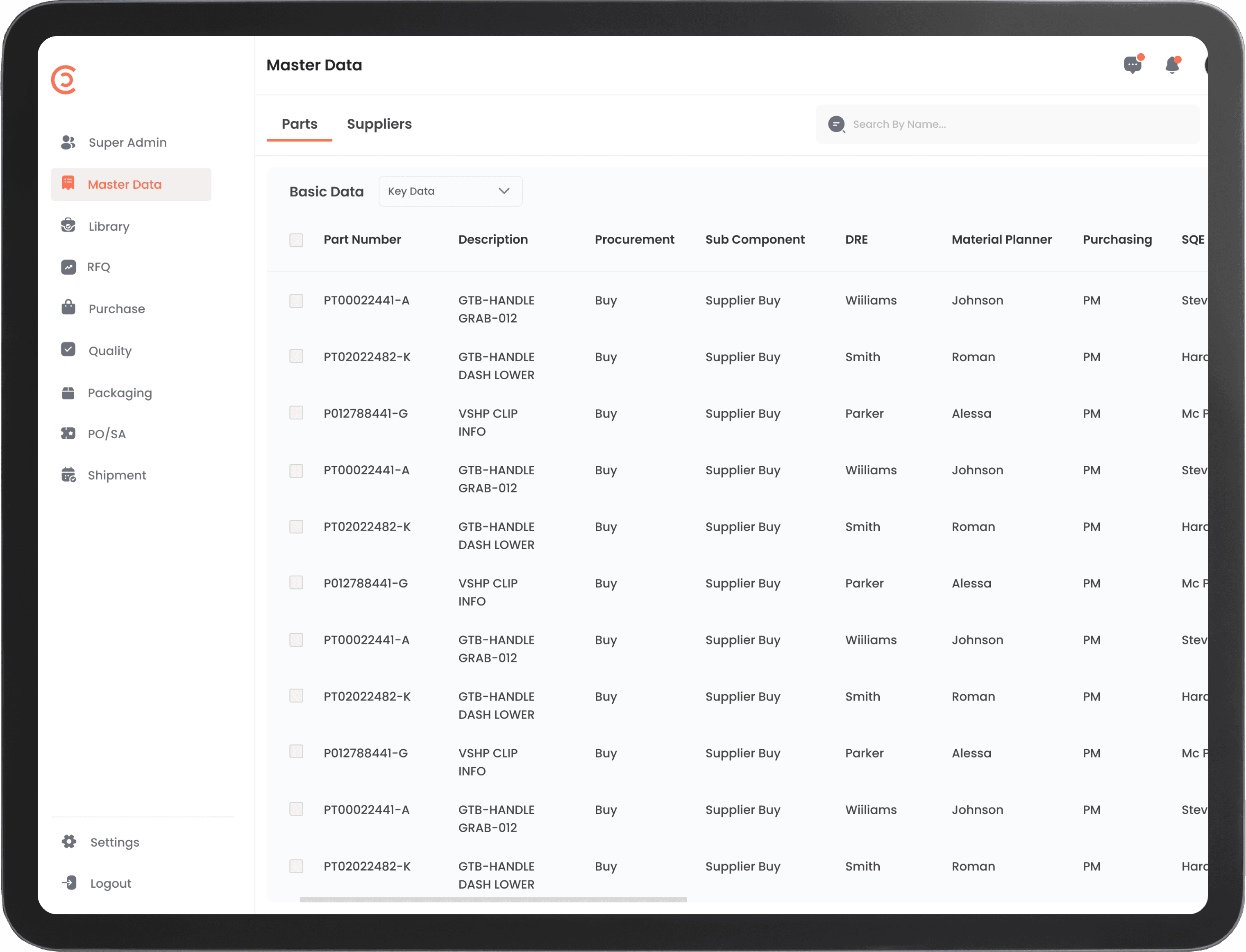 Master Data Screen - Customizable Supply Chain Management App