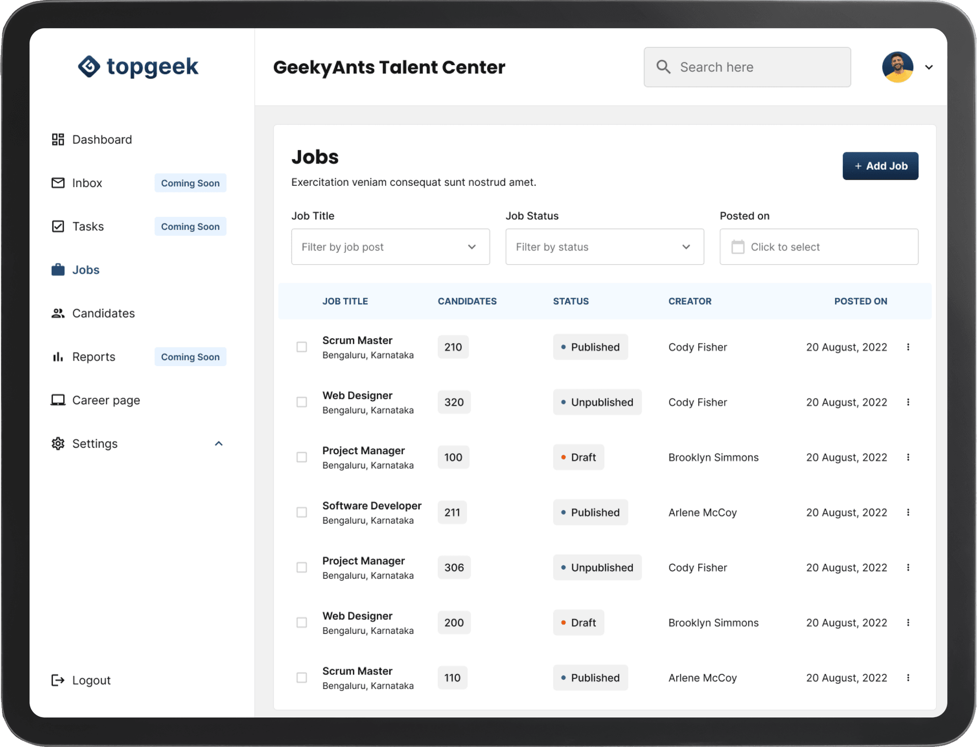 Jobs Screen - Customizable Hiring Application