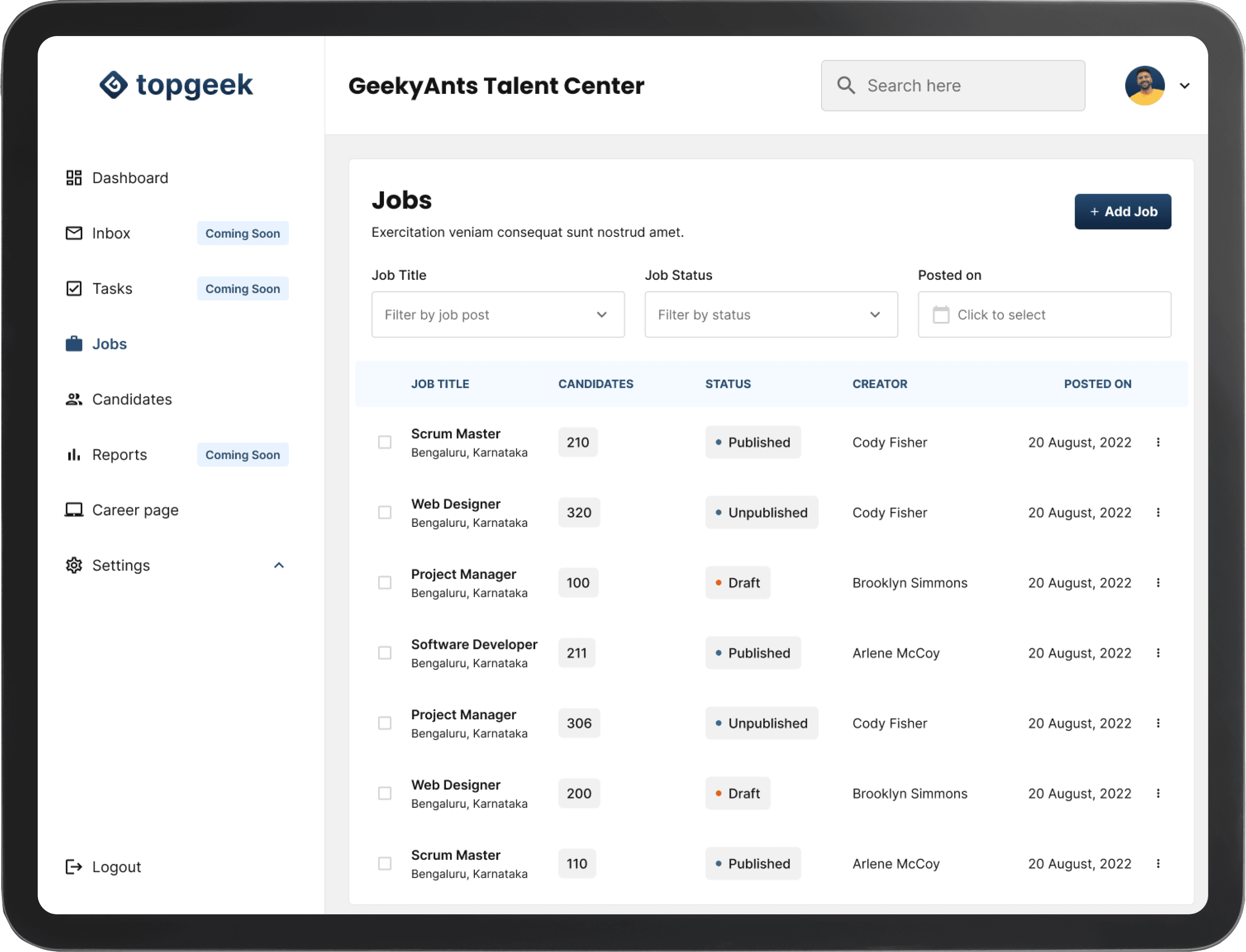Jobs Screen - Customizable Hiring Application