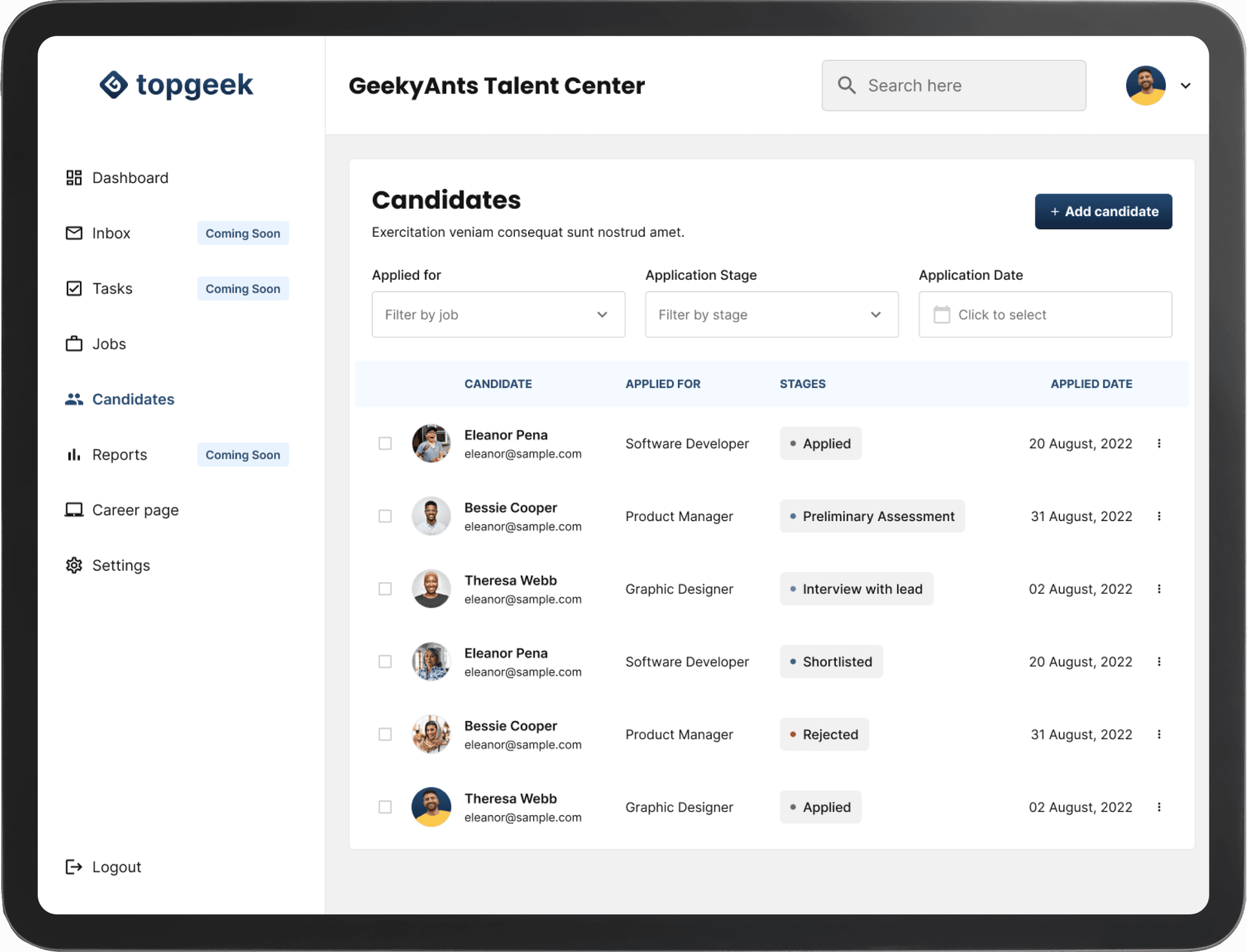 Candidates Screen - Customizable Hiring Application