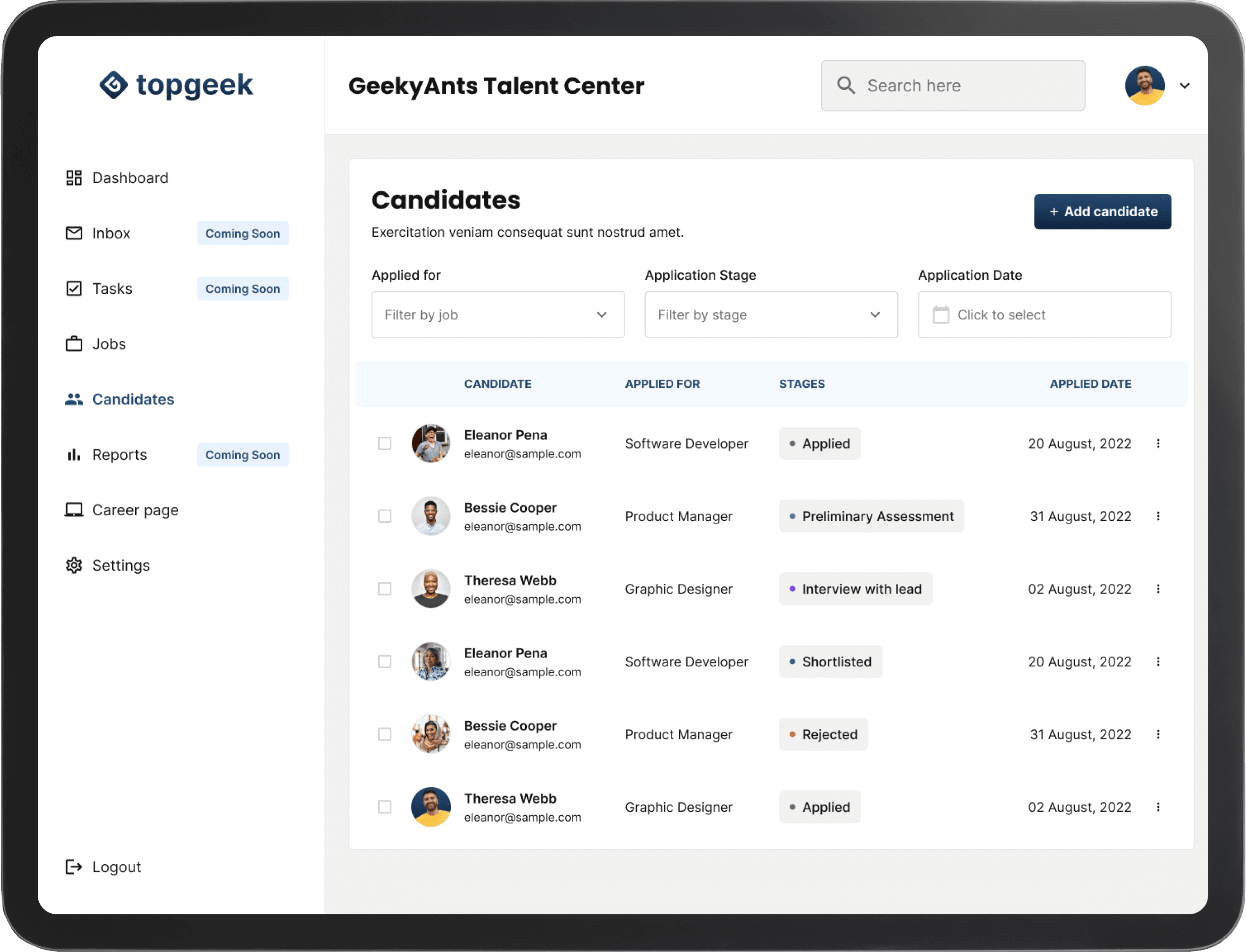 Candidates Screen - Customizable Hiring Application