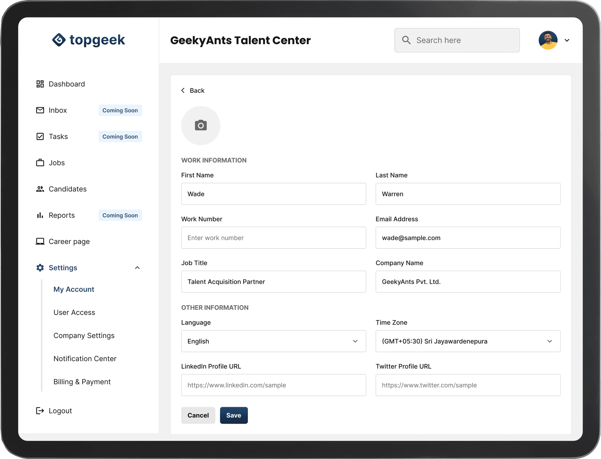 My Account Screen - Customizable Hiring Application