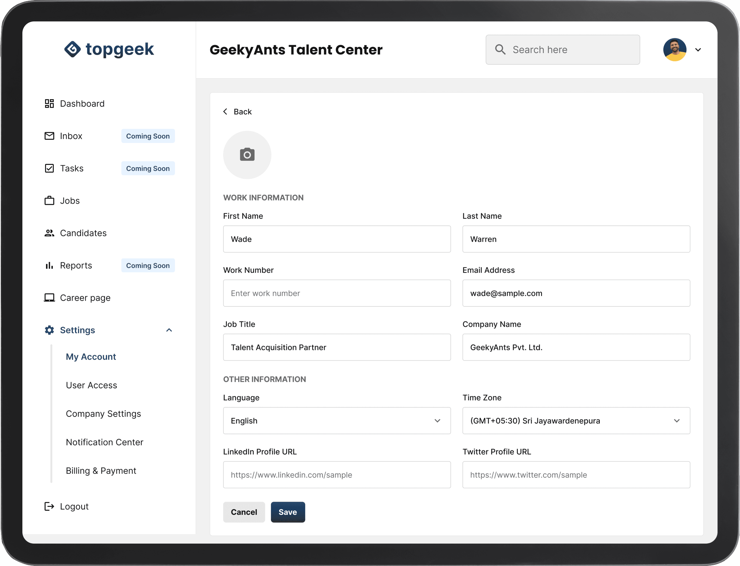 My Account Screen - Customizable Hiring Application