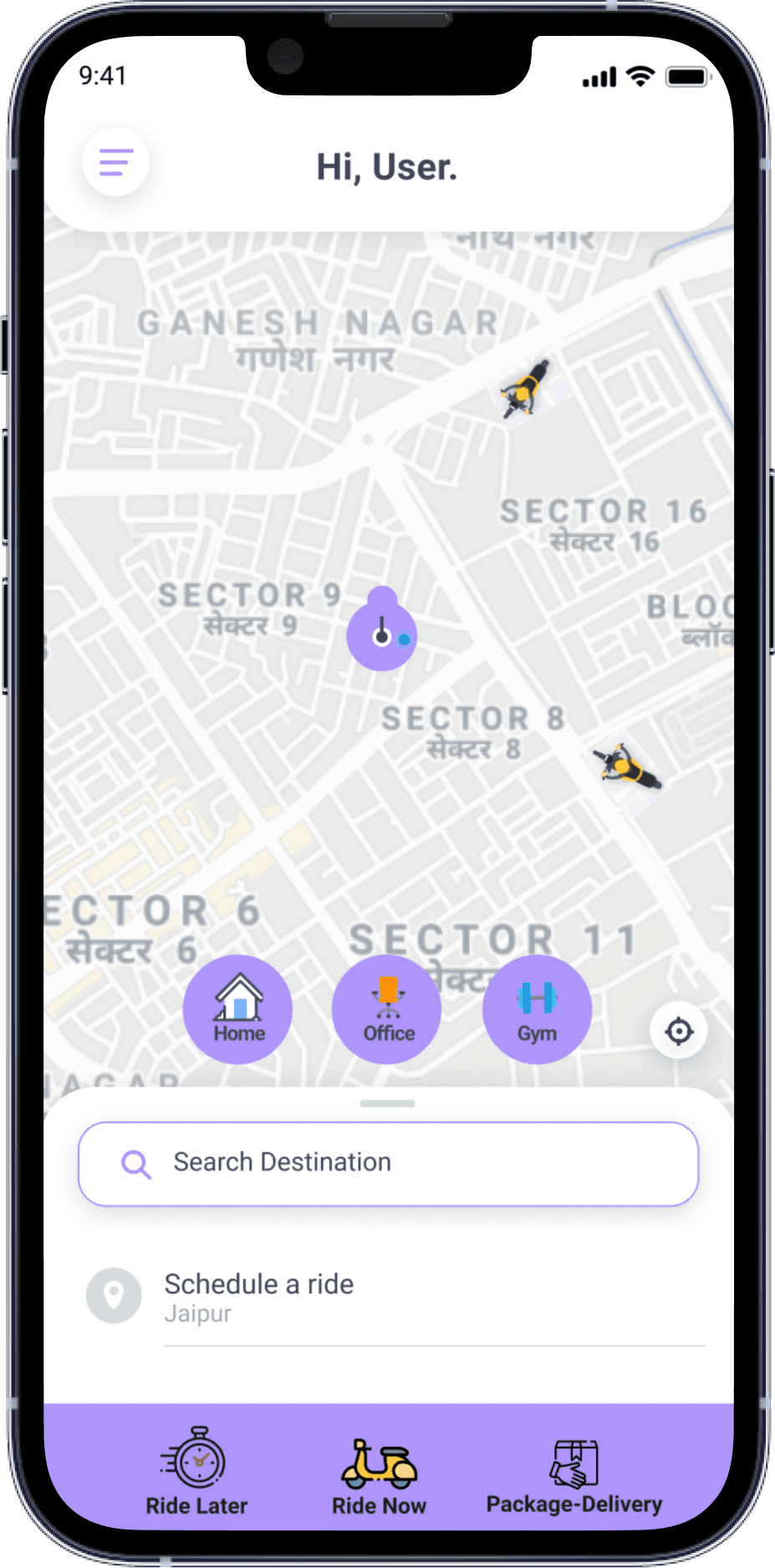 Location finder screen on a ride app like uber