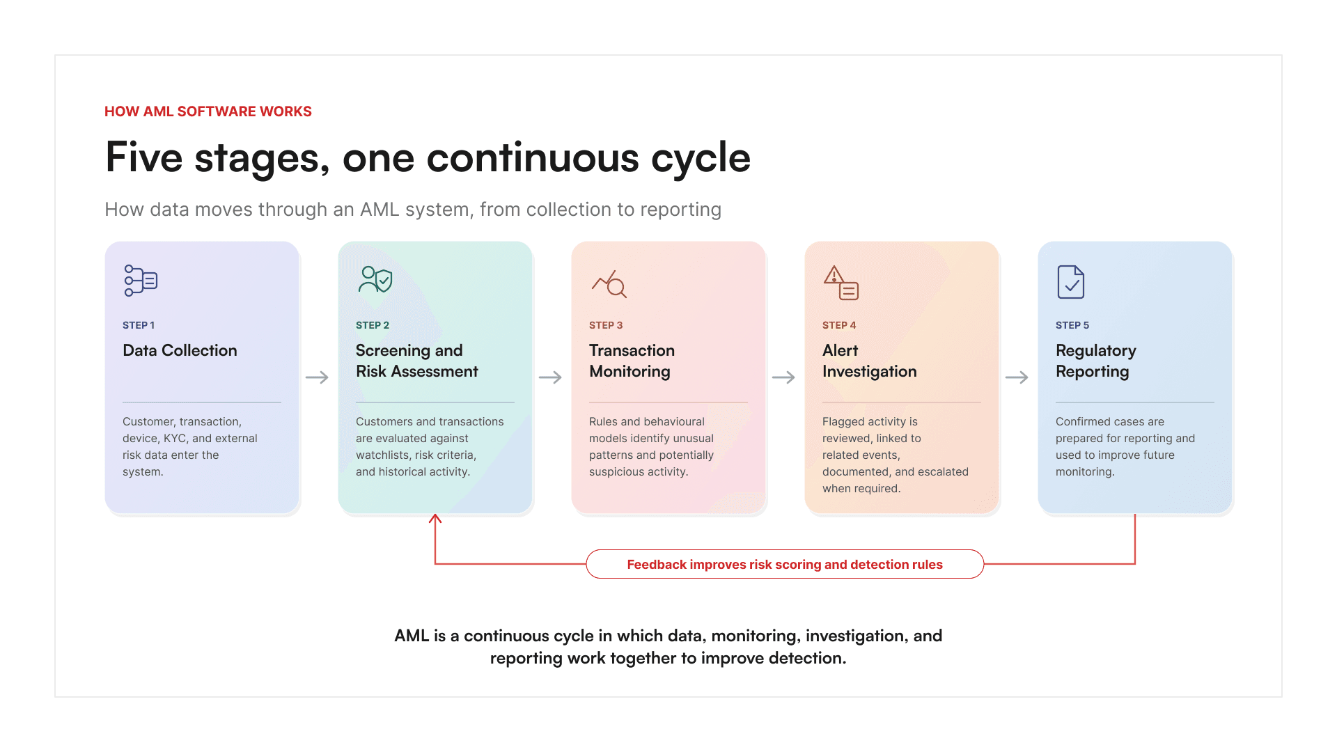 How AML software works infographic with five steps from data collection to alert investigation