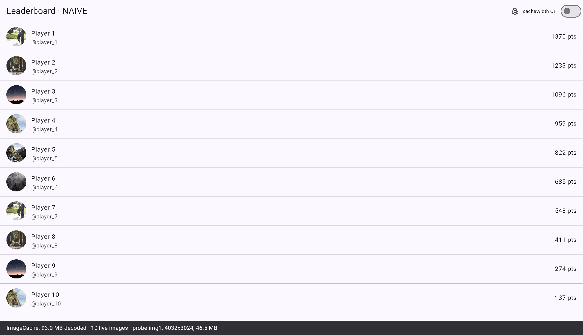 Chrome demo leaderboard Flutter's built-in image memory optimization and avatar caching performance