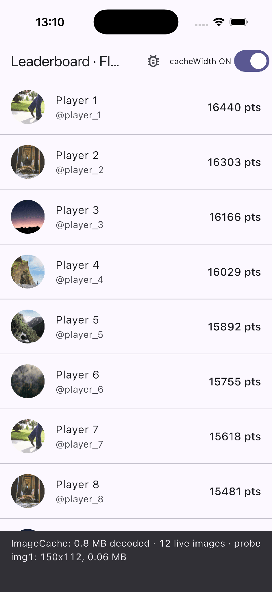 Optimized leaderboard showing reduced image memory usage with efficient avatar caching