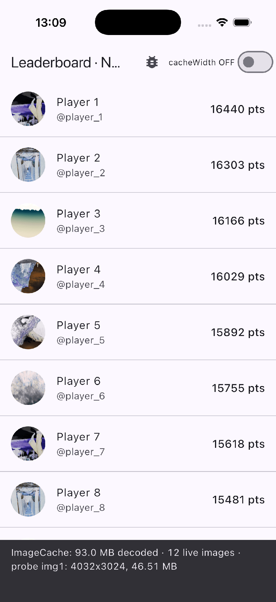Flutter leaderboard screenshot with oversized image debugging with cacheWidth off