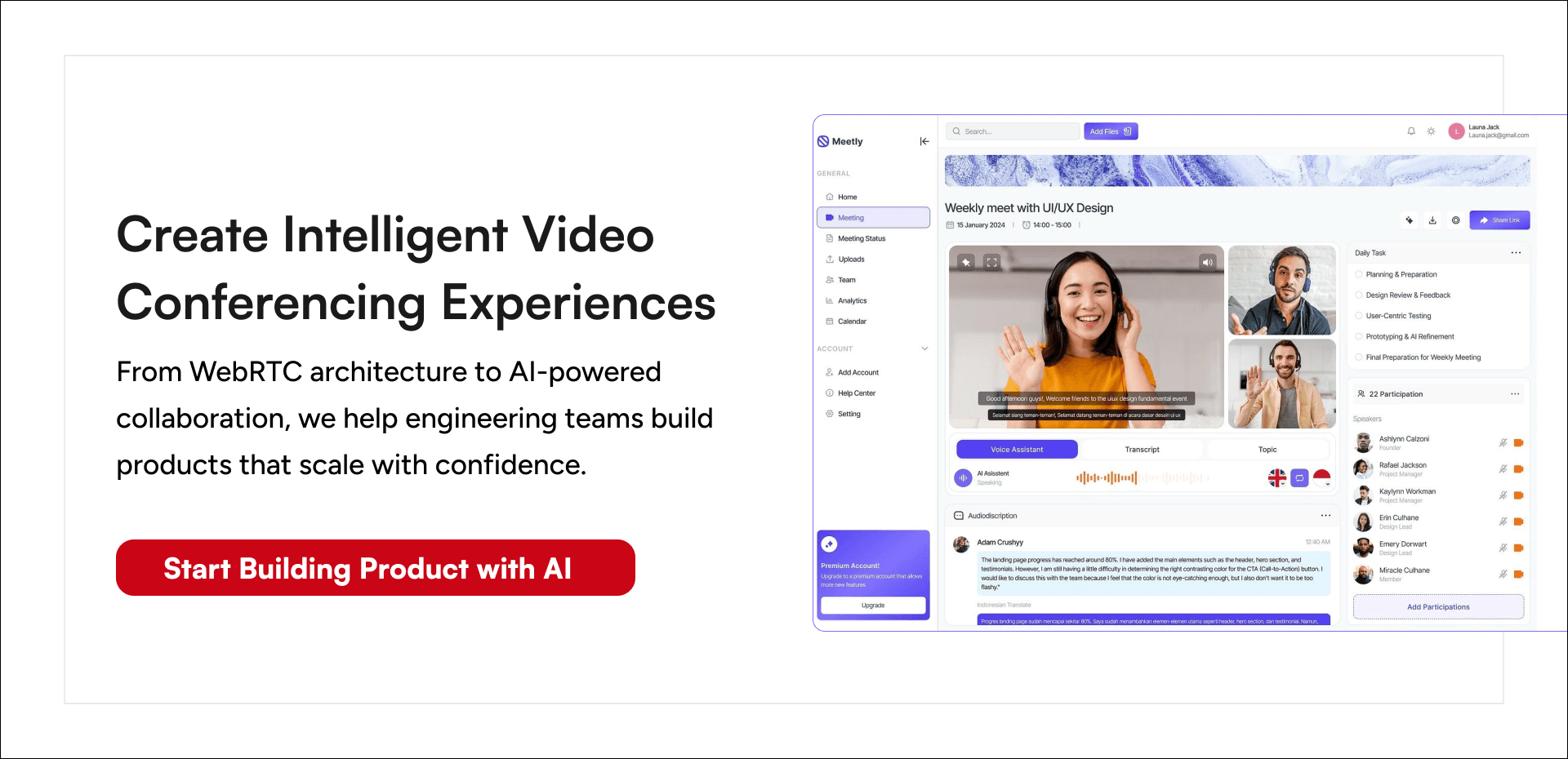 Build a scalable video conferencing application with WebRTC architecture, low-latency streaming, AI features, and expert engineering services.