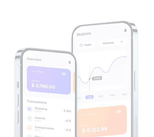 Two phone screens from a banking app: an account overview showing a $5,786.00 balance above a list of recent transactions, and a statistics view charting monthly income