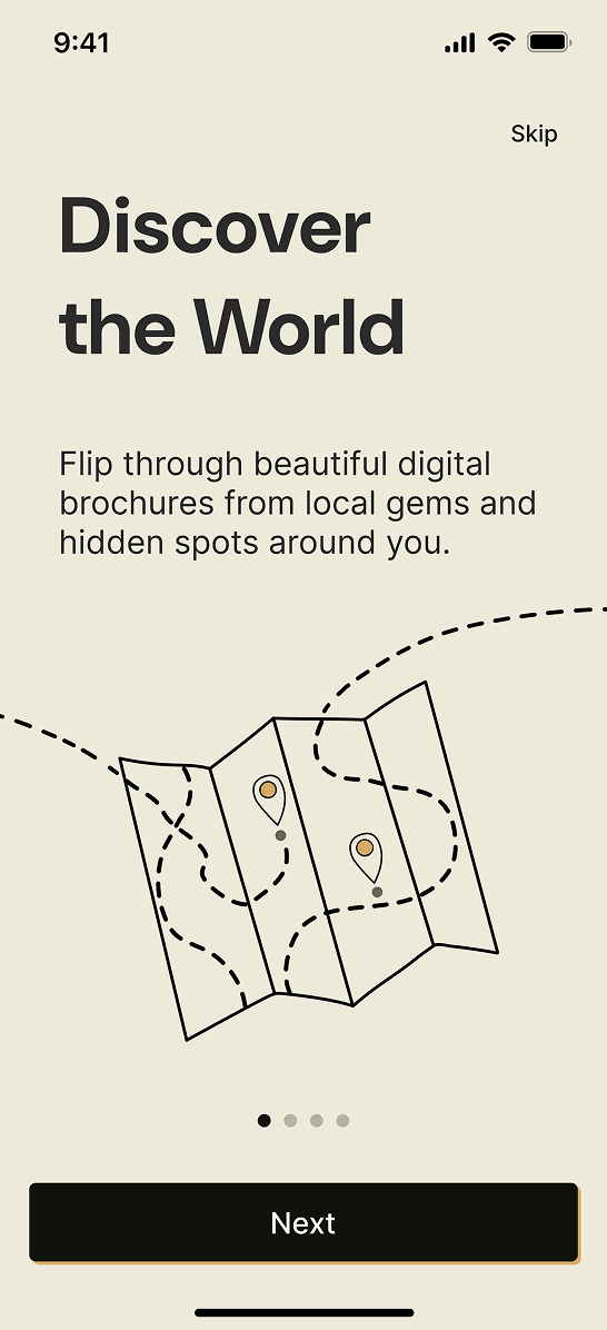 Digital Travel brochure app onboarding screen with Discover the World headline and illustrated map route