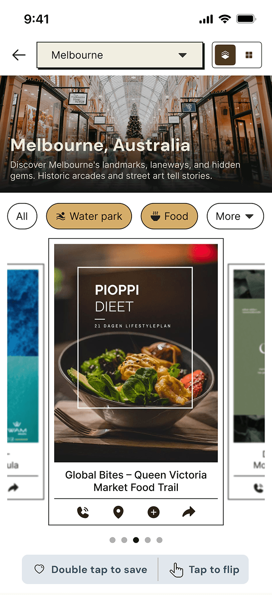 Local discovery app UI with Melbourne city filter, brochure carousel, and food trail card