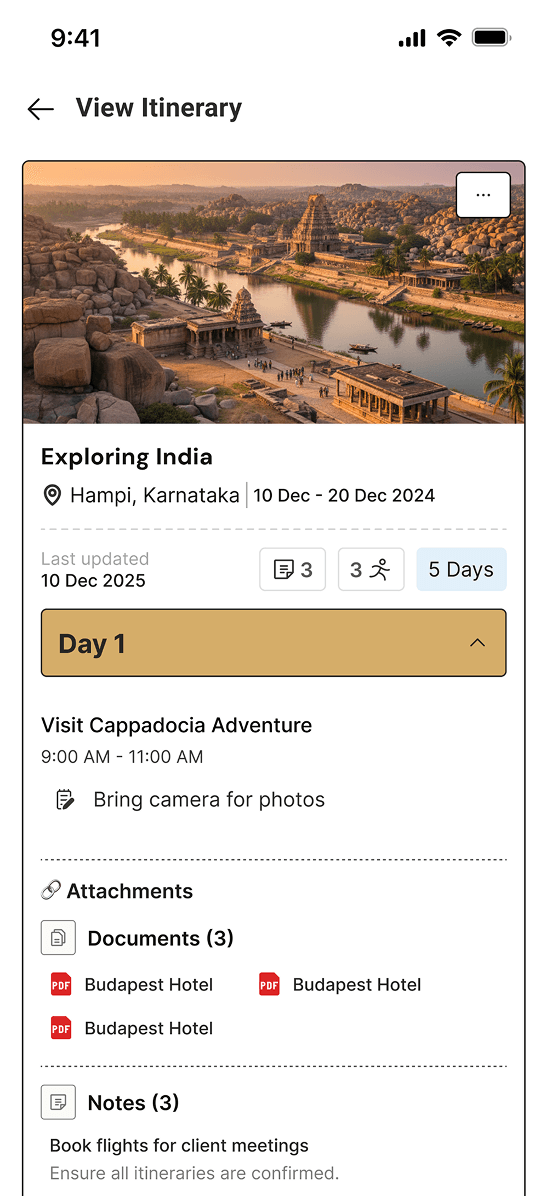 Mobile itinerary trip planner app illustrating Exploring India trip, Hampi dates, documents, and Day 1 activity details