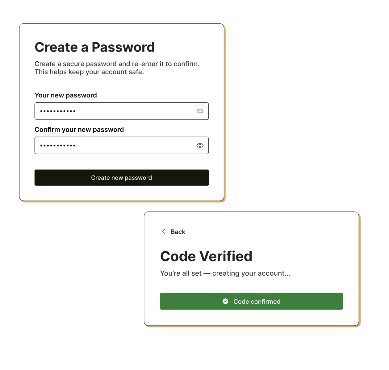 Travel app authentication UI with create password form and code verified account setup card