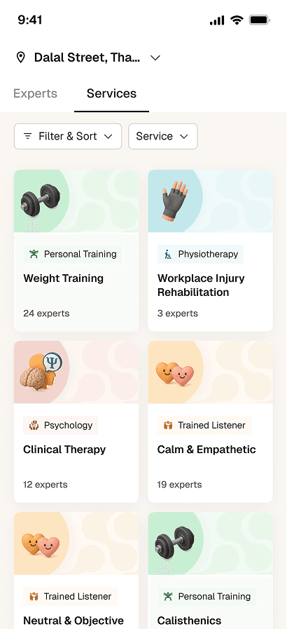 Wellness services app screen with weight training, physiotherapy, clinical therapy, and trained listener cards