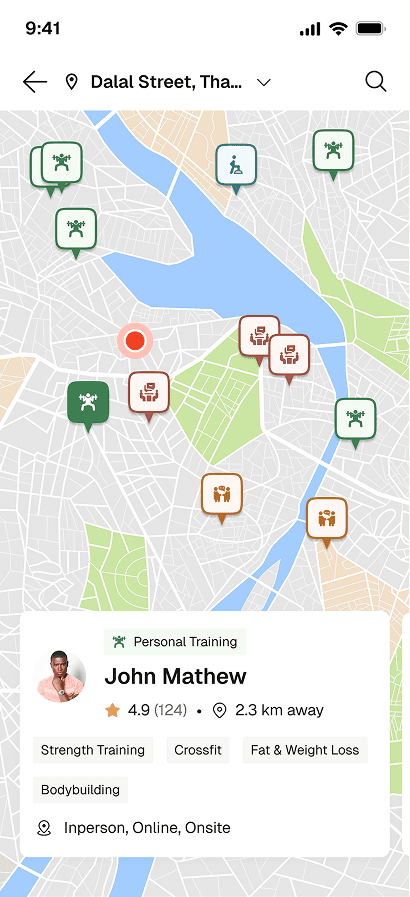 Health and fitness marketplace map with trainer pins and John Mathew personal training listing