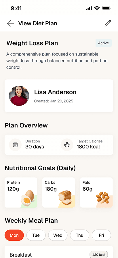 Nutrition planning app screen showing protein, carbs, fats, and weekly weight loss meal plan