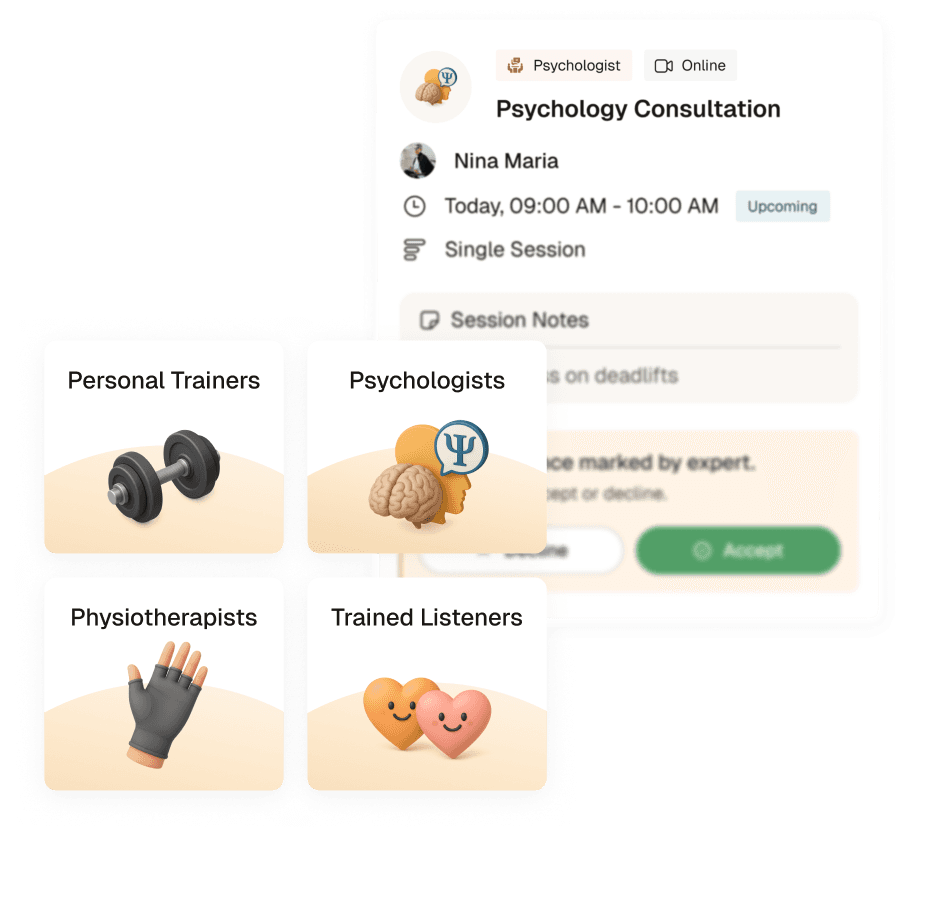 Fitness and wellness discovery UI with expert categories and a psychology consultation appointment card