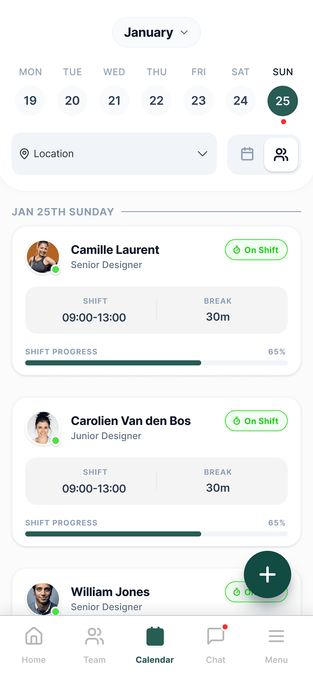 Workforce scheduling app UI showing Camille Laurent and Carolien Van den Bos on shift with progress