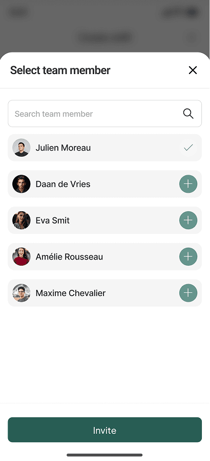 Workforce management app selection modal with team member search, profile avatars, and invite button