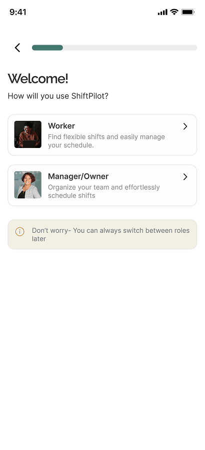 ShiftPilot workforce management app onboarding screen asking users to choose Worker or Manager Owner role