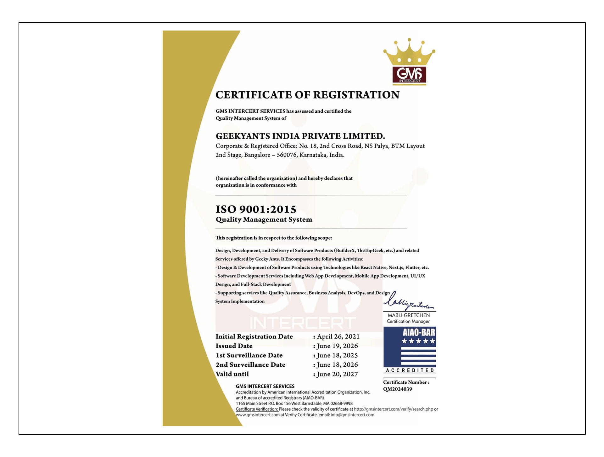 ISO 9001:2015 certification held by GeekyAnts for its Quality Management System