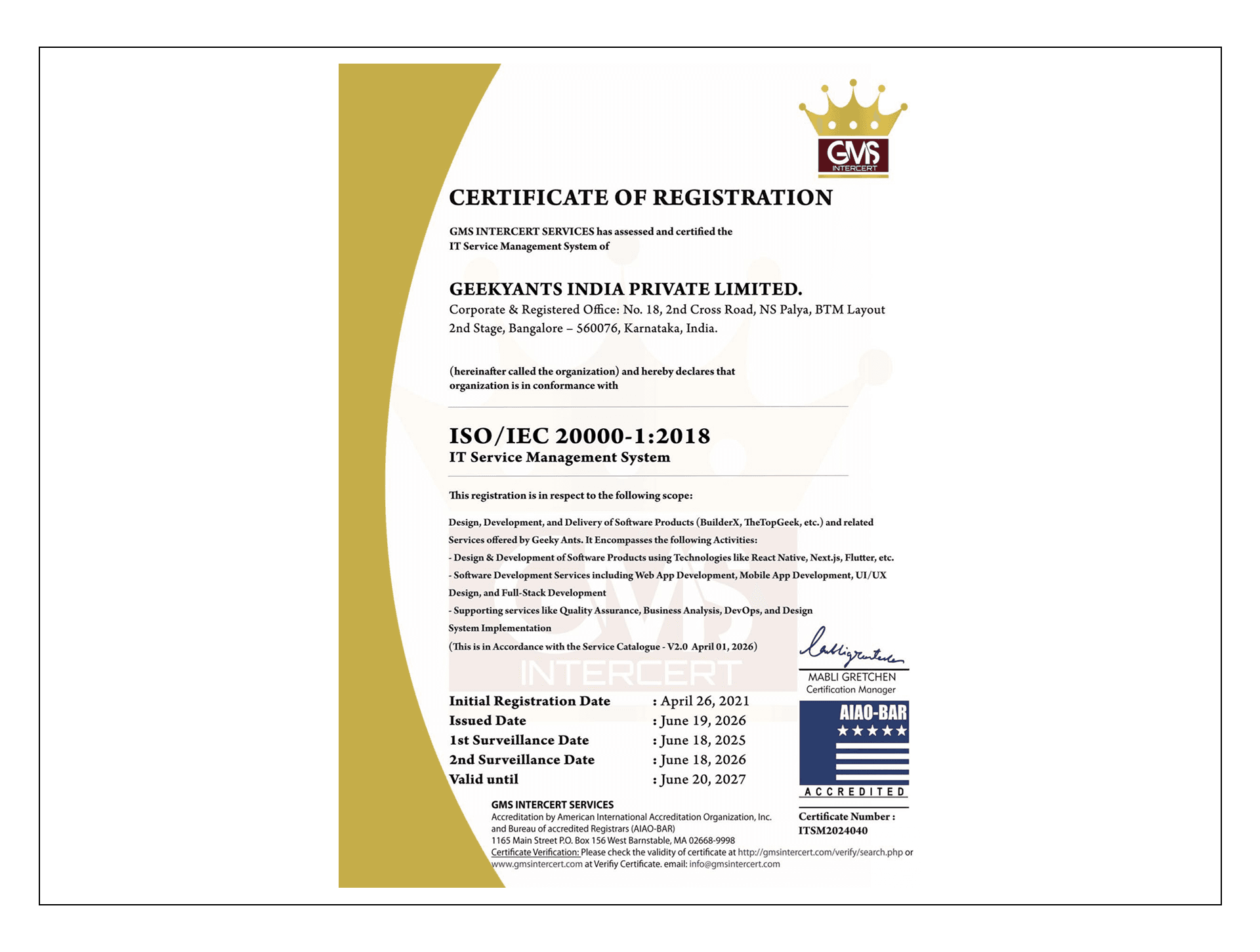 ISO IEC 20000-1:2018 certification held by GeekyAnts for IT service management