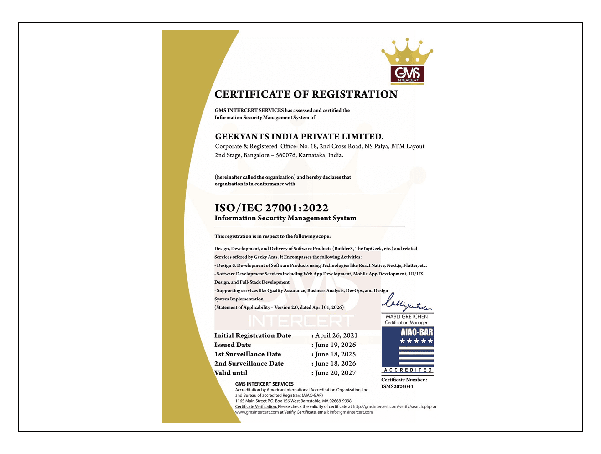 ISO IEC 27001:2022 certification held by GeekyAnts for information security management