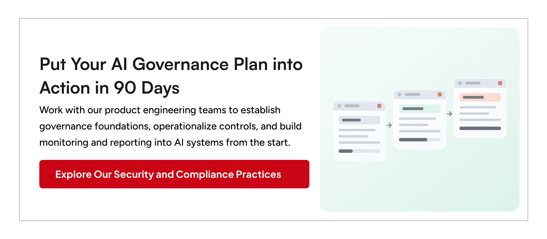 AI governance and security compliance practices covering data, access controls, testing, monitoring, audit evidence, and incident handling across the product lifecycle.