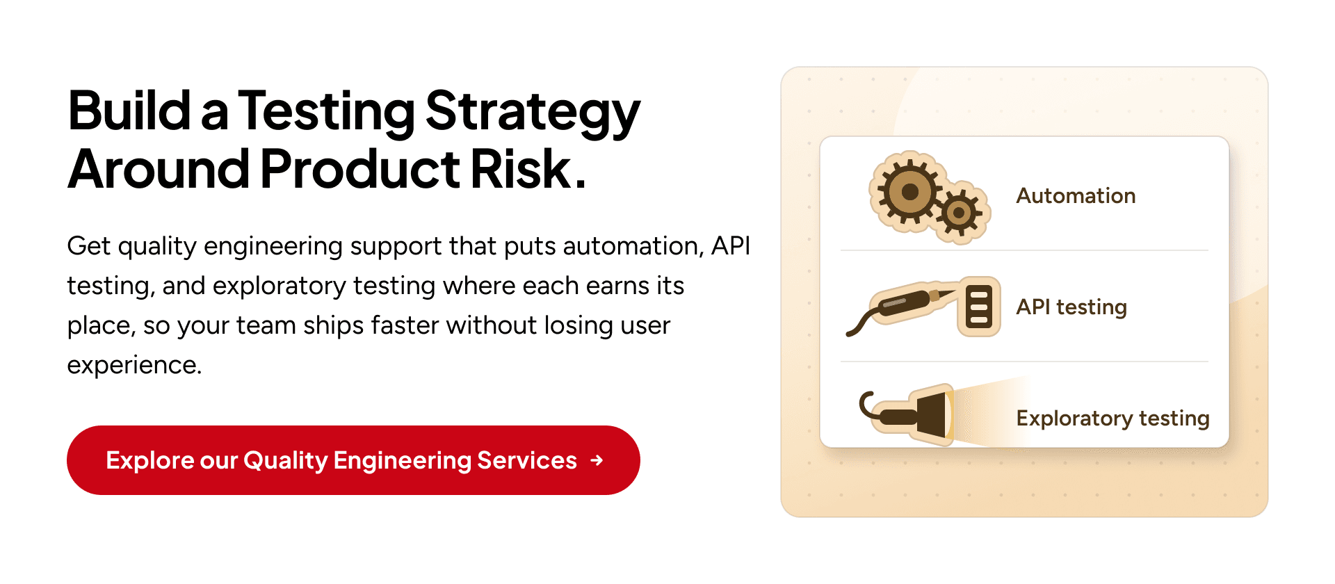 Risk-based quality engineering support across automation, API testing, exploratory testing, and user experience